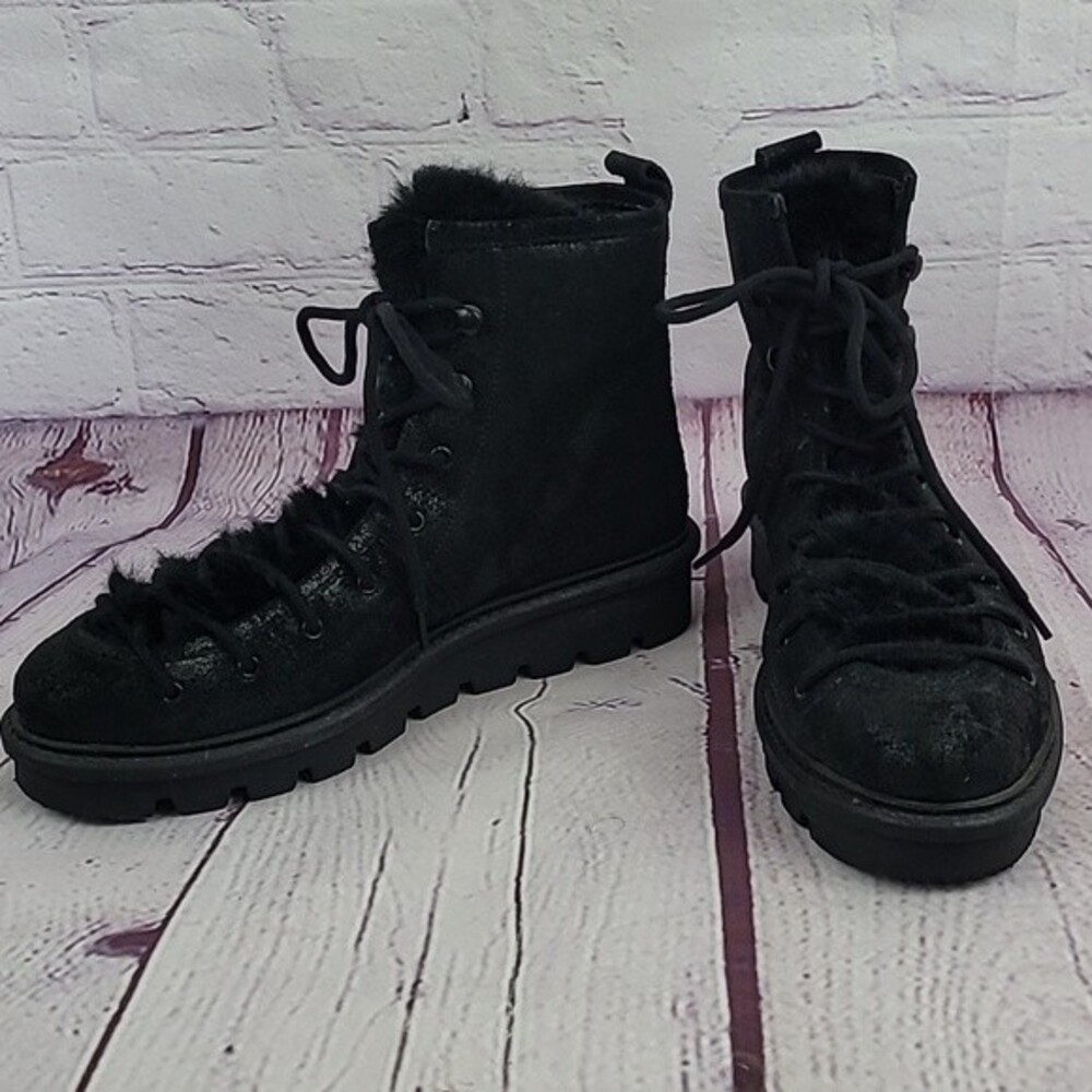 Black Combat Boots Size 7 Leather/Faux Fur Lace Up Metallic Seychelle Coop.